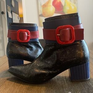 John Fluevog Black and Red Textured Ankle Boots
